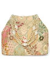 Cream potli bag named Royal Charm Handcrafted Embroidery Potli, featuring artificial beads detailing and soft fabric texture | Peora
