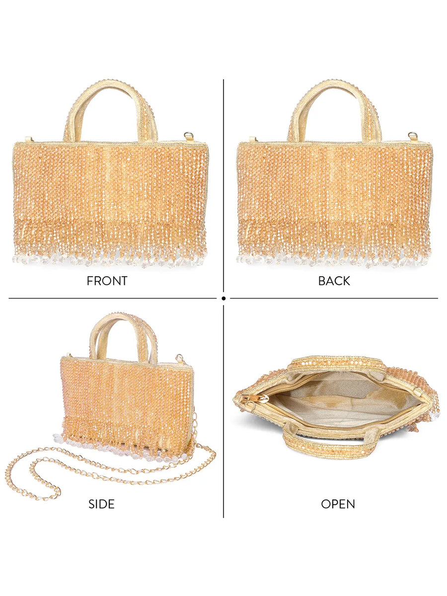 Cream clutch bag named Fringed Crystal Beaded Hand Purse, featuring artificial beads detailing and soft fabric texture | Peora
