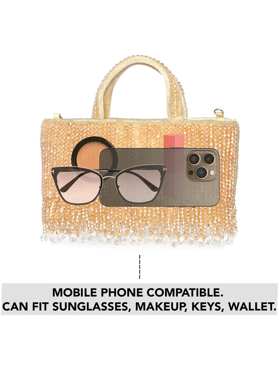 Cream clutch bag named Fringed Crystal Beaded Hand Purse, featuring artificial beads detailing and soft fabric texture | Peora
