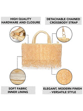 Cream clutch bag named Fringed Crystal Beaded Hand Purse, featuring artificial beads detailing and soft fabric texture | Peora
