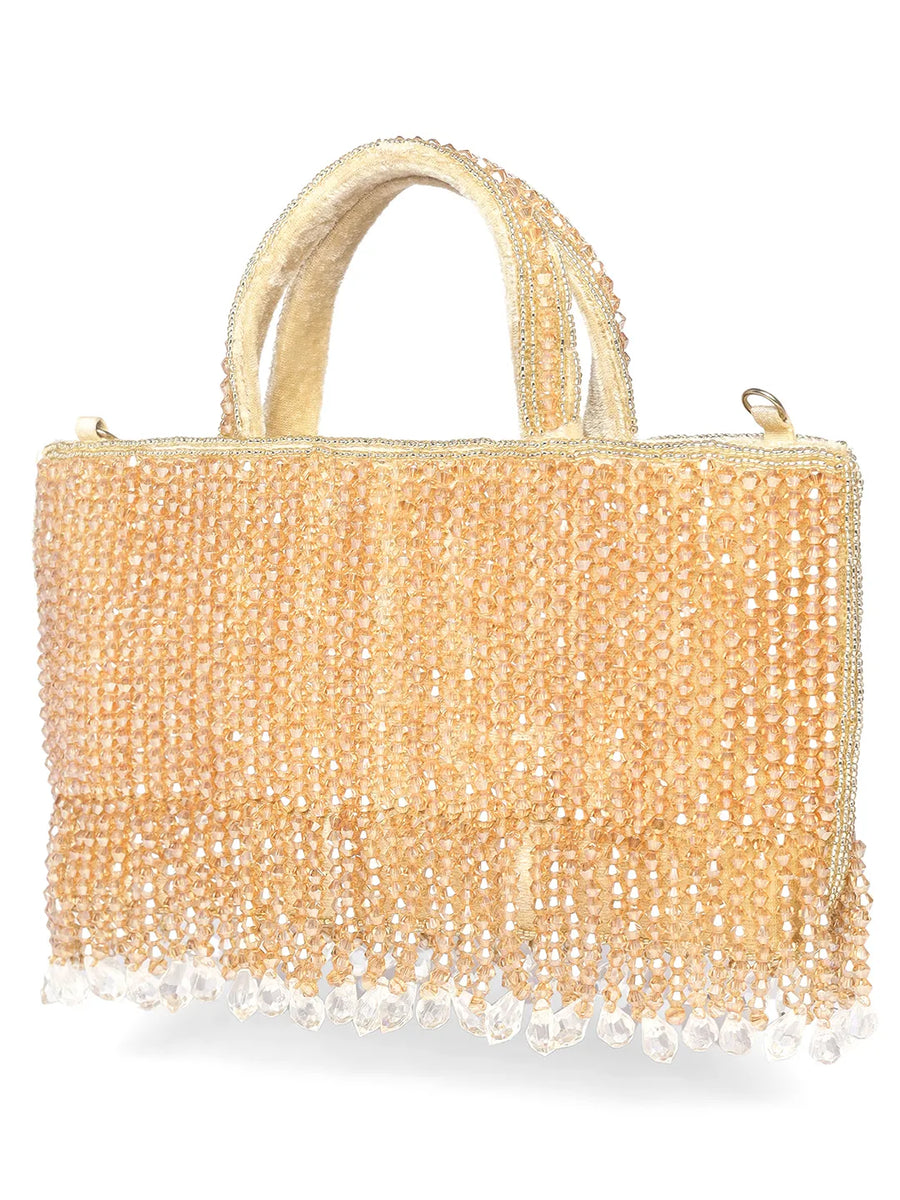 Cream clutch bag named Fringed Crystal Beaded Hand Purse, featuring artificial beads detailing and soft fabric texture | Peora
