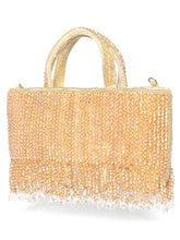 Cream clutch bag named Fringed Crystal Beaded Hand Purse, featuring artificial beads detailing and soft fabric texture | Peora
