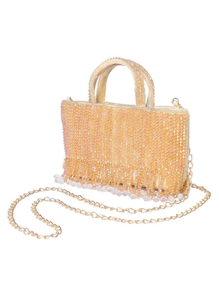 Cream clutch bag named Fringed Crystal Beaded Hand Purse, featuring artificial beads detailing and soft fabric texture | Peora
