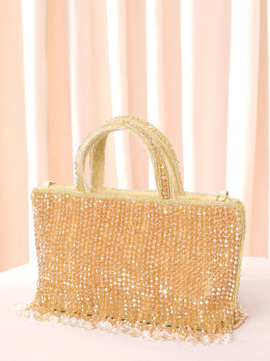 Cream clutch bag named Fringed Crystal Beaded Hand Purse, featuring artificial beads detailing and soft fabric texture | Peora
