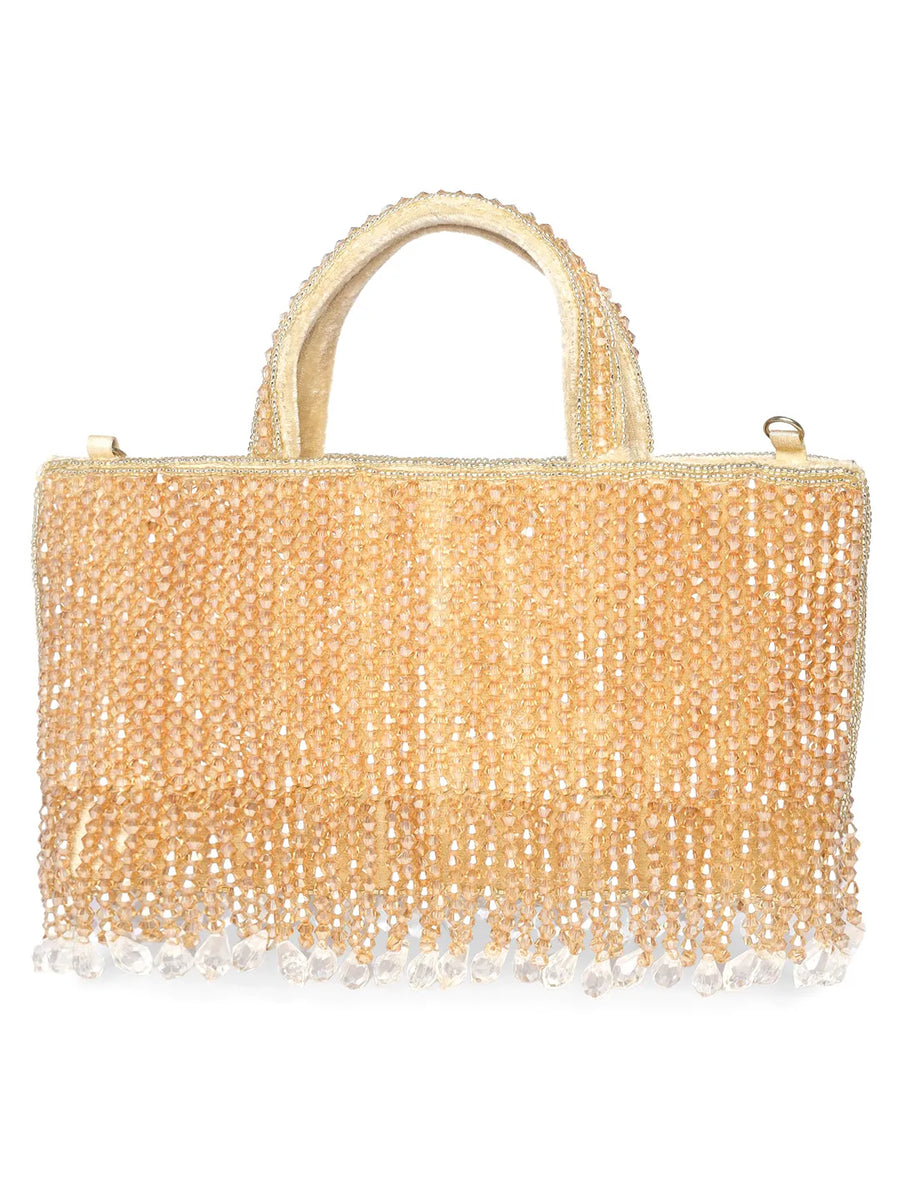 Cream clutch bag named Fringed Crystal Beaded Hand Purse, featuring artificial beads detailing and soft fabric texture | Peora
