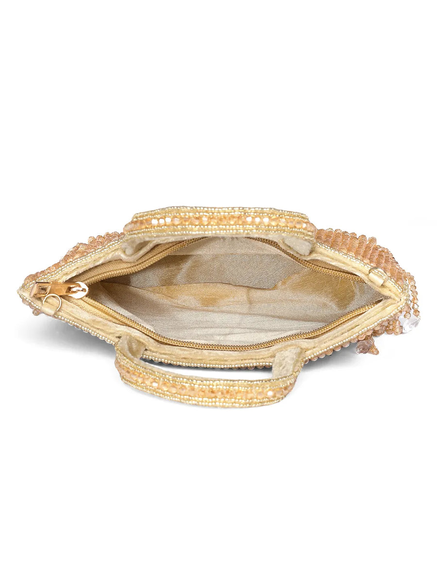 Cream clutch bag named Fringed Crystal Beaded Hand Purse, featuring artificial beads detailing and soft fabric texture | Peora
