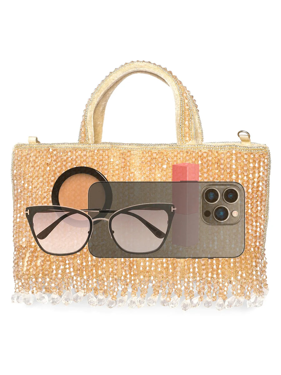 Cream clutch bag named Fringed Crystal Beaded Hand Purse, featuring artificial beads detailing and soft fabric texture | Peora
