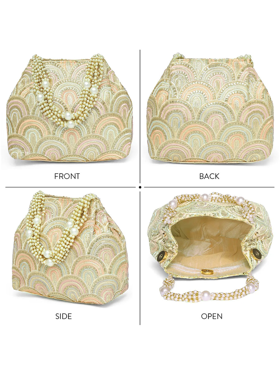 Cream potli bag named Sequin Wave Embellished Potli Bag, featuring artificial beads detailing and soft fabric texture | Peora
