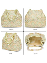 Cream potli bag named Sequin Wave Embellished Potli Bag, featuring artificial beads detailing and soft fabric texture | Peora
