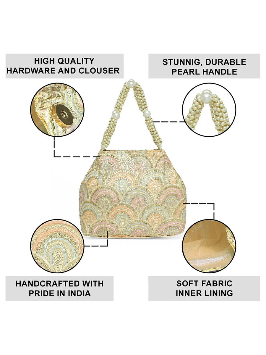 Cream potli bag named Sequin Wave Embellished Potli Bag, featuring artificial beads detailing and soft fabric texture | Peora
