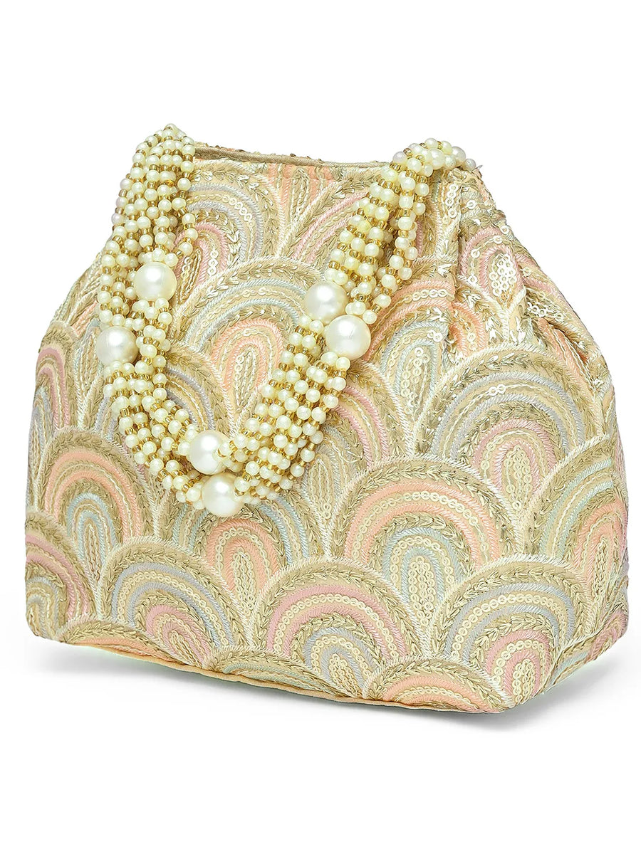 Cream potli bag named Sequin Wave Embellished Potli Bag, featuring artificial beads detailing and soft fabric texture | Peora
