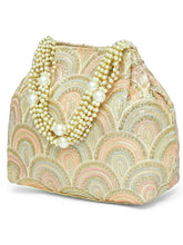 Cream potli bag named Sequin Wave Embellished Potli Bag, featuring artificial beads detailing and soft fabric texture | Peora
