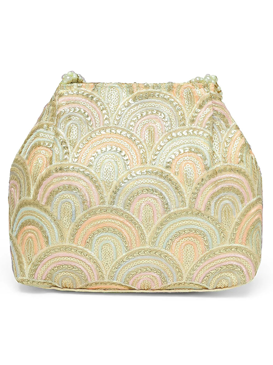 Cream potli bag named Sequin Wave Embellished Potli Bag, featuring artificial beads detailing and soft fabric texture | Peora
