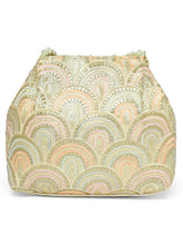 Cream potli bag named Sequin Wave Embellished Potli Bag, featuring artificial beads detailing and soft fabric texture | Peora
