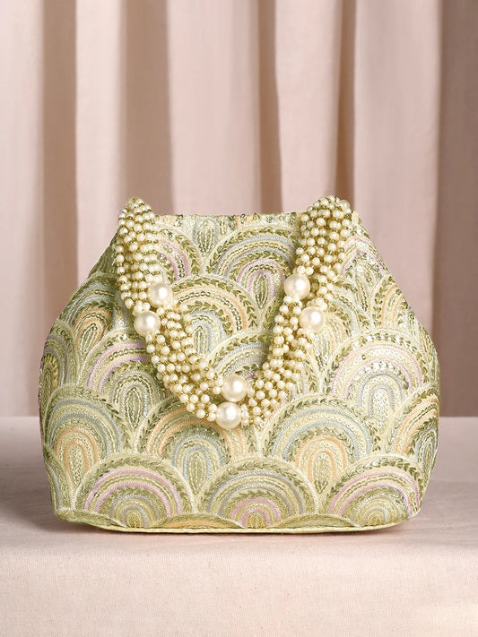 Cream potli bag named Sequin Wave Embellished Potli Bag, featuring artificial beads detailing and soft fabric texture | Peora

