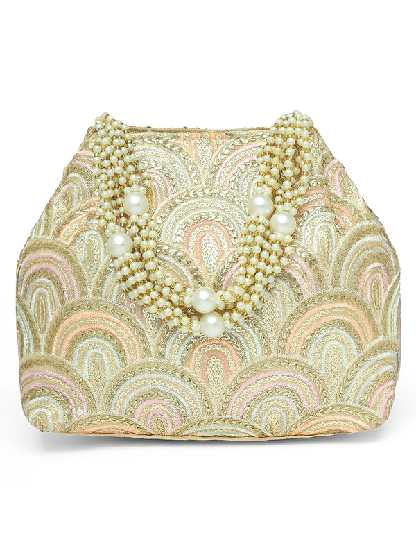 Cream potli bag named Sequin Wave Embellished Potli Bag, featuring artificial beads detailing and soft fabric texture | Peora
