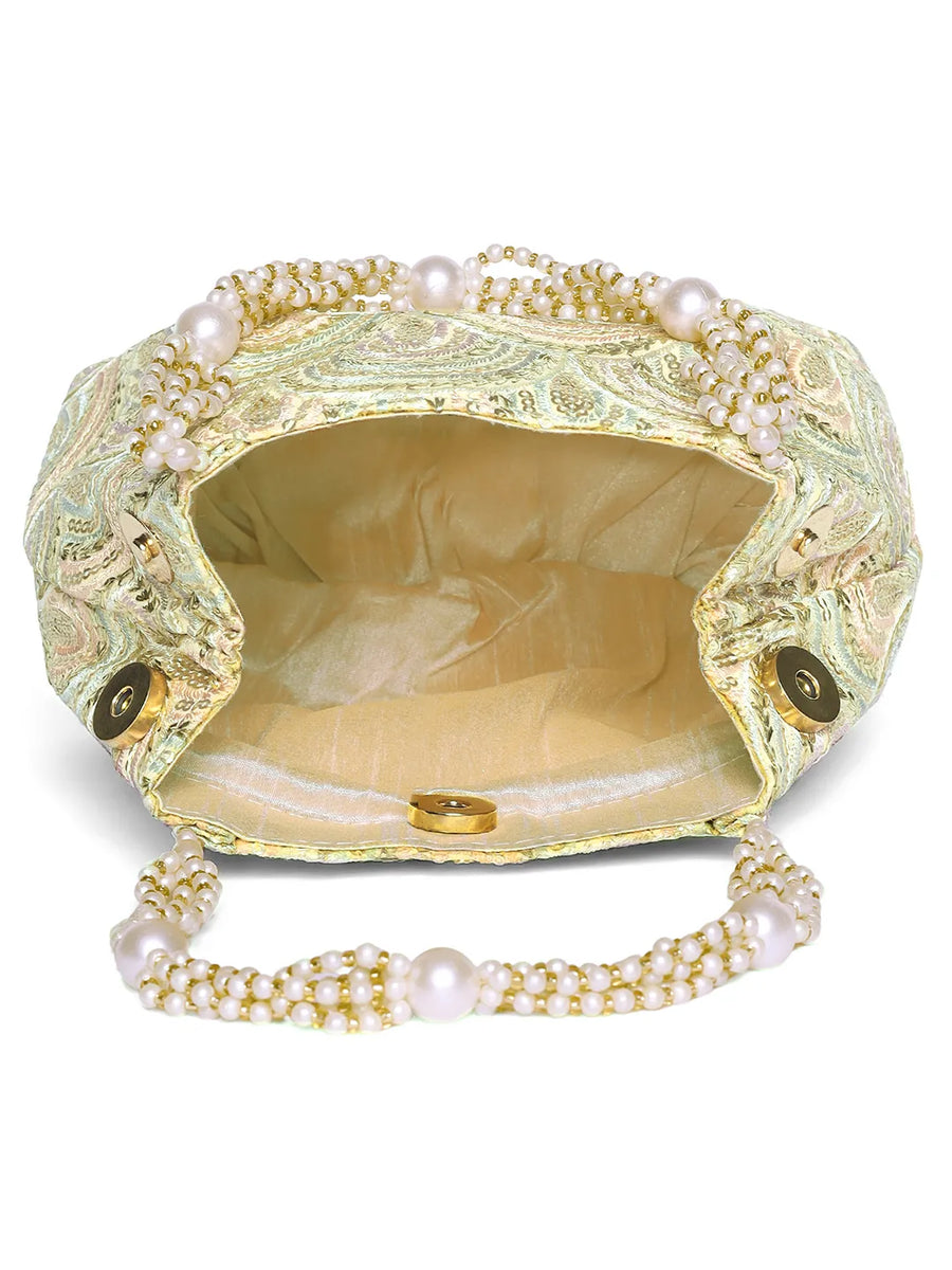 Cream potli bag named Sequin Wave Embellished Potli Bag, featuring artificial beads detailing and soft fabric texture | Peora
