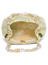 Cream potli bag named Sequin Wave Embellished Potli Bag, featuring artificial beads detailing and soft fabric texture | Peora

