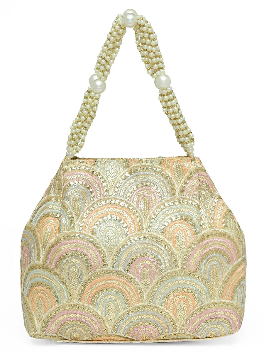 Cream potli bag named Sequin Wave Embellished Potli Bag, featuring artificial beads detailing and soft fabric texture | Peora

