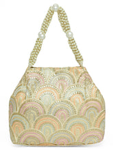 Cream potli bag named Sequin Wave Embellished Potli Bag, featuring artificial beads detailing and soft fabric texture | Peora
