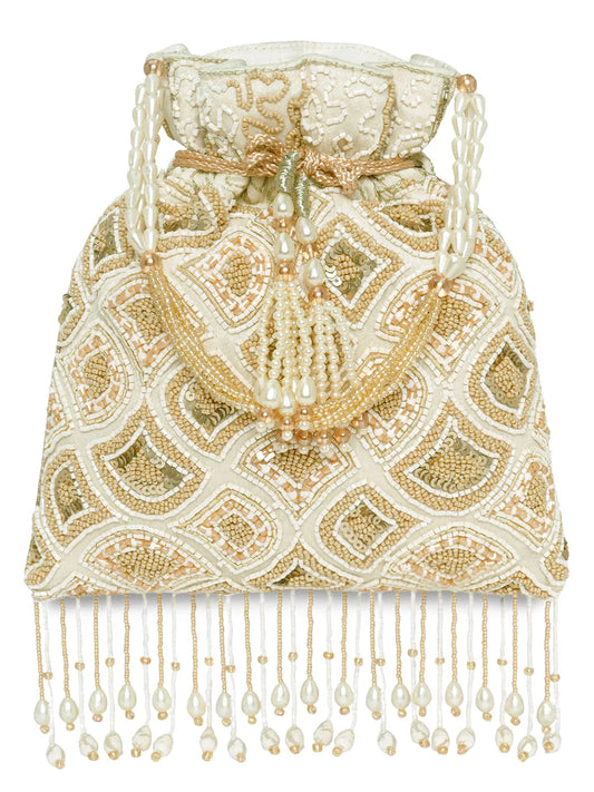 Cream potli bag named Heavy Zari Sequin Wedding Potli, featuring artificial beads detailing and soft fabric texture | Peora
