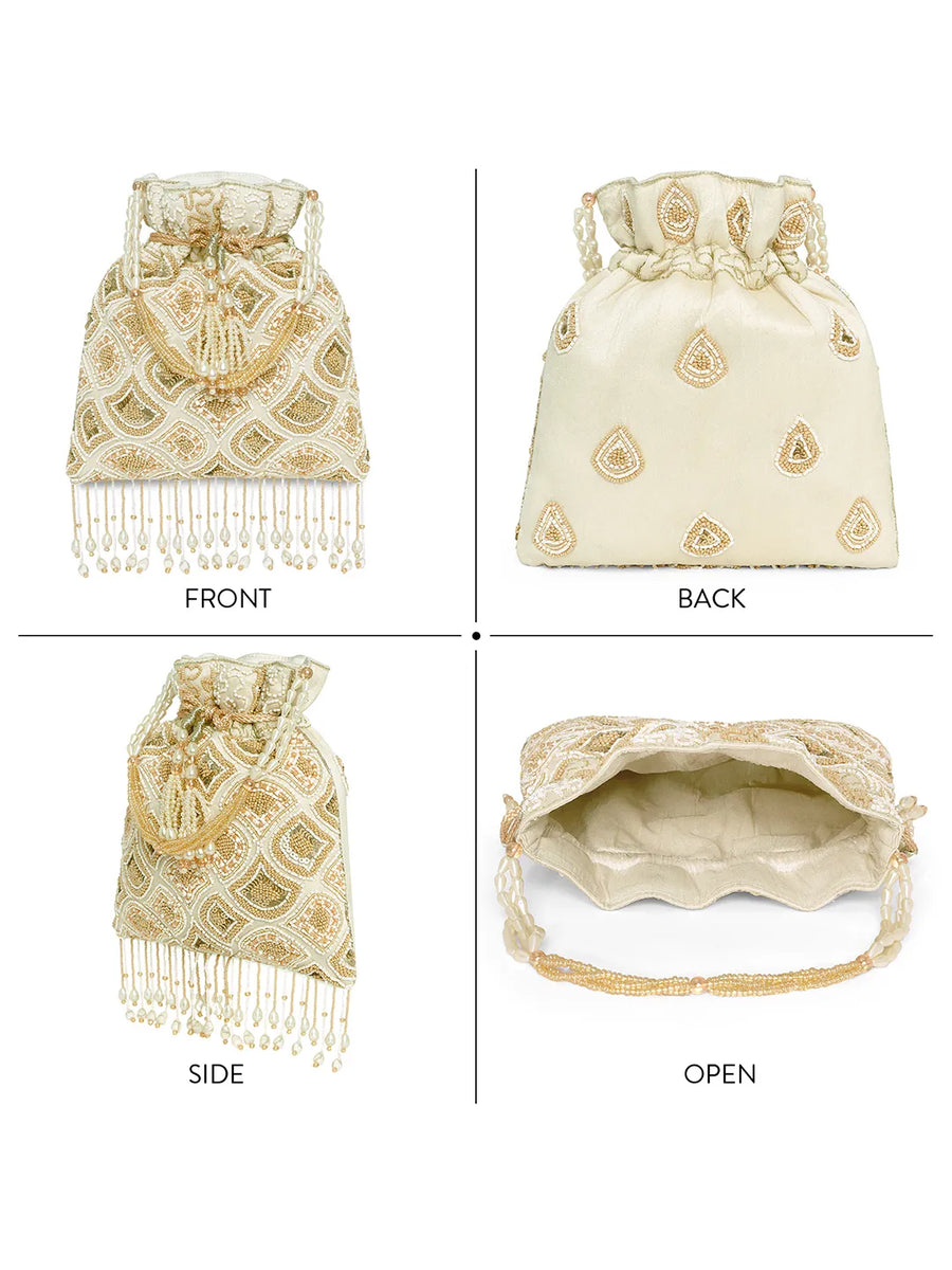 Cream potli bag named Heavy Zari Sequin Wedding Potli, featuring artificial beads detailing and soft fabric texture | Peora
