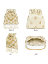 Cream potli bag named Heavy Zari Sequin Wedding Potli, featuring artificial beads detailing and soft fabric texture | Peora

