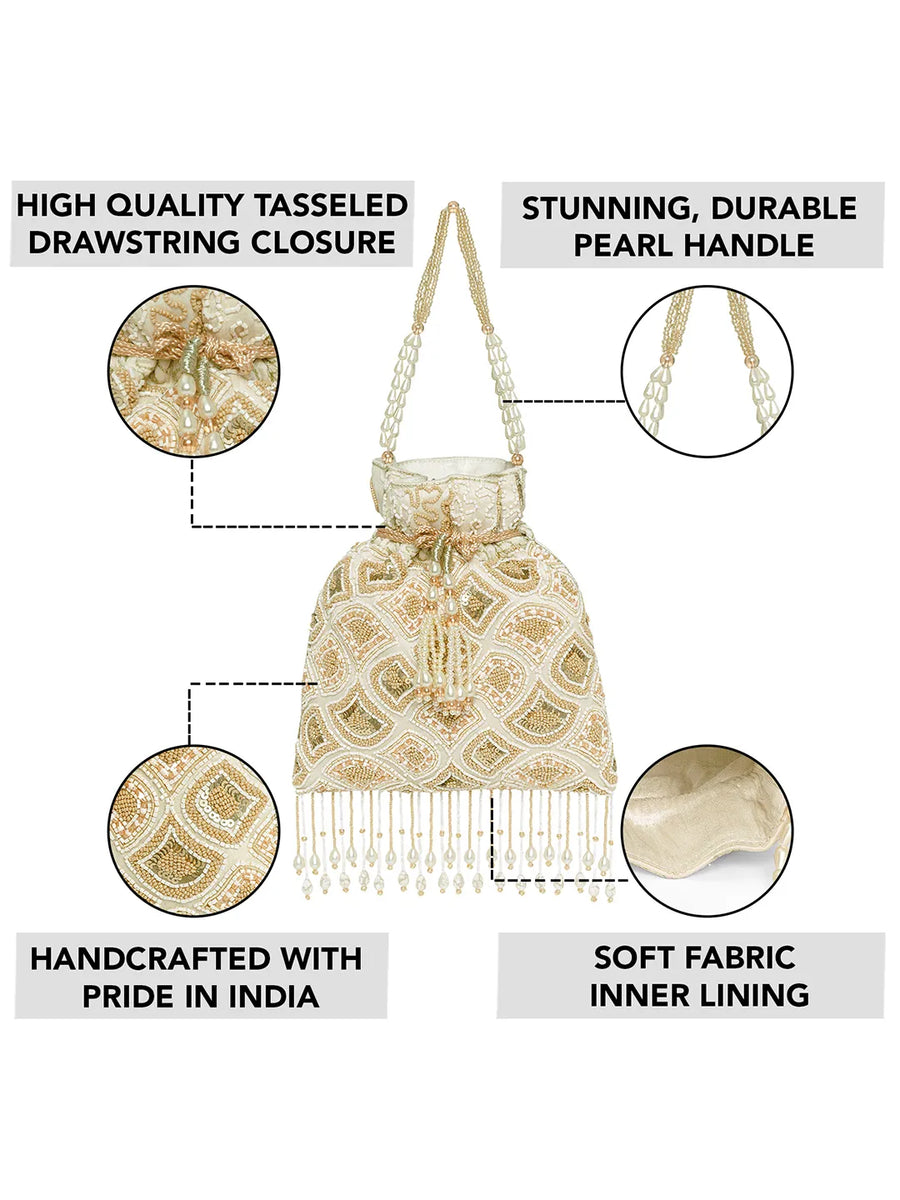 Cream potli bag named Heavy Zari Sequin Wedding Potli, featuring artificial beads detailing and soft fabric texture | Peora
