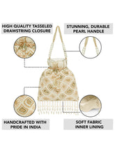 Cream potli bag named Heavy Zari Sequin Wedding Potli, featuring artificial beads detailing and soft fabric texture | Peora

