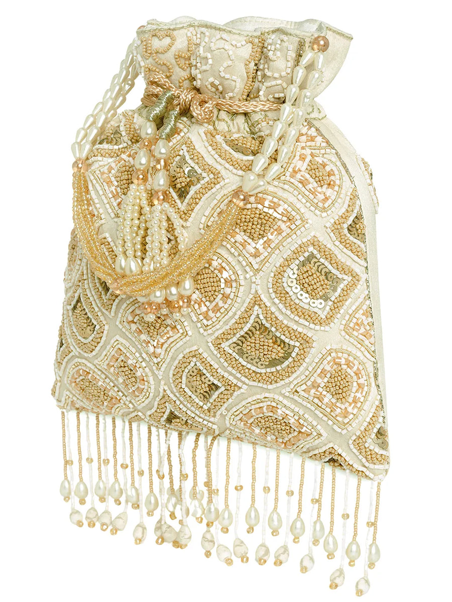 Cream potli bag named Heavy Zari Sequin Wedding Potli, featuring artificial beads detailing and soft fabric texture | Peora
