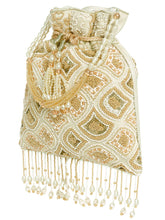 Cream potli bag named Heavy Zari Sequin Wedding Potli, featuring artificial beads detailing and soft fabric texture | Peora
