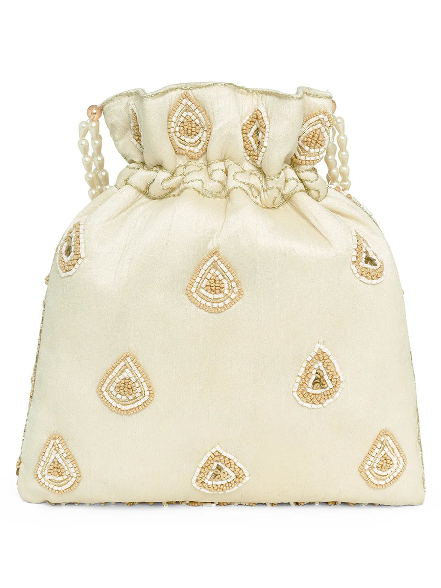 Cream potli bag named Heavy Zari Sequin Wedding Potli, featuring artificial beads detailing and soft fabric texture | Peora
