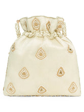 Cream potli bag named Heavy Zari Sequin Wedding Potli, featuring artificial beads detailing and soft fabric texture | Peora

