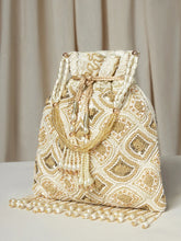 Cream potli bag named Heavy Zari Sequin Wedding Potli, featuring artificial beads detailing and soft fabric texture | Peora
