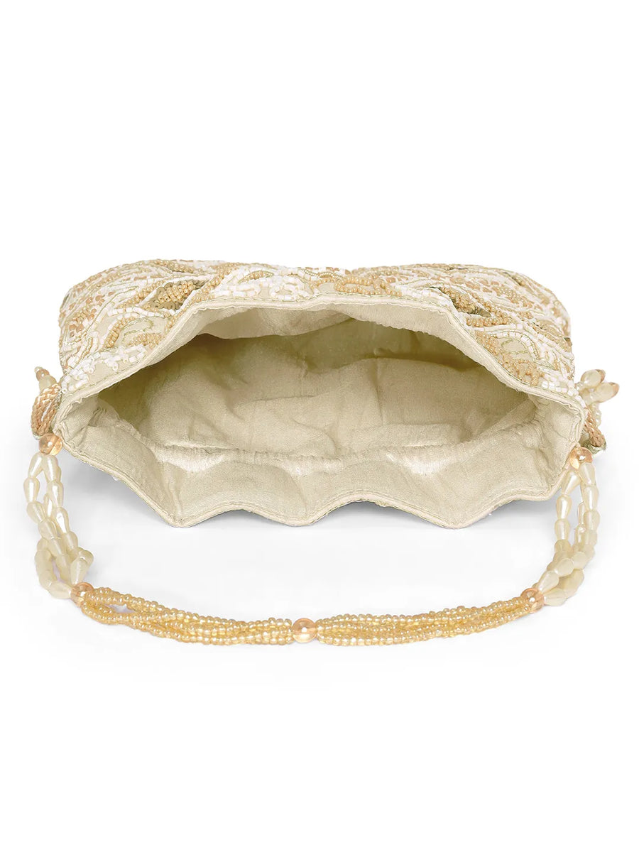 Cream potli bag named Heavy Zari Sequin Wedding Potli, featuring artificial beads detailing and soft fabric texture | Peora
