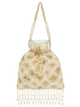 Cream potli bag named Heavy Zari Sequin Wedding Potli, featuring artificial beads detailing and soft fabric texture | Peora
