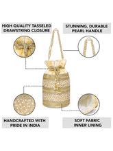 Cream potli bag named Sequin & Pearl Embellished Potli Bag, featuring faux pearl detailing and soft fabric texture | Peora
