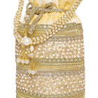 Cream potli bag named Sequin & Pearl Embellished Potli Bag, featuring faux pearl detailing and soft fabric texture | Peora
