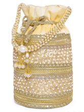 Cream potli bag named Sequin & Pearl Embellished Potli Bag, featuring faux pearl detailing and soft fabric texture | Peora
