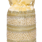 Cream potli bag named Sequin & Pearl Embellished Potli Bag, featuring faux pearl detailing and soft fabric texture | Peora
