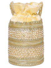 Cream potli bag named Sequin & Pearl Embellished Potli Bag, featuring faux pearl detailing and soft fabric texture | Peora
