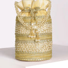 Cream potli bag named Sequin & Pearl Embellished Potli Bag, featuring faux pearl detailing and soft fabric texture | Peora
