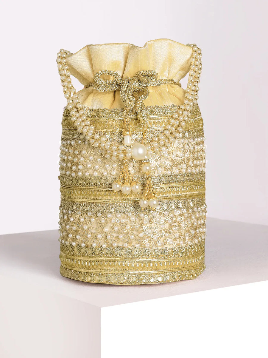 Cream potli bag named Sequin & Pearl Embellished Potli Bag, featuring faux pearl detailing and soft fabric texture | Peora
