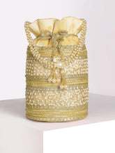 Cream potli bag named Sequin & Pearl Embellished Potli Bag, featuring faux pearl detailing and soft fabric texture | Peora
