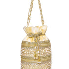 Cream potli bag named Sequin & Pearl Embellished Potli Bag, featuring faux pearl detailing and soft fabric texture | Peora
