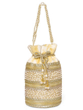Cream potli bag named Sequin & Pearl Embellished Potli Bag, featuring faux pearl detailing and soft fabric texture | Peora
