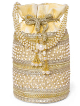 Cream potli bag named Sequin & Pearl Embellished Potli Bag, featuring faux pearl detailing and soft fabric texture | Peora
