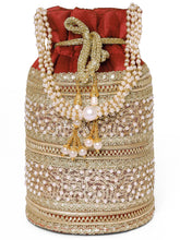 Maroon potli bag named Sequin & Pearl Embellished Potli Bag, featuring faux pearl detailing and soft fabric texture | Peora
