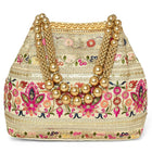 Cream potli bag named Thread Embroidery Potli with Sequin Motif, featuring artificial beads detailing and soft fabric texture | Peora
