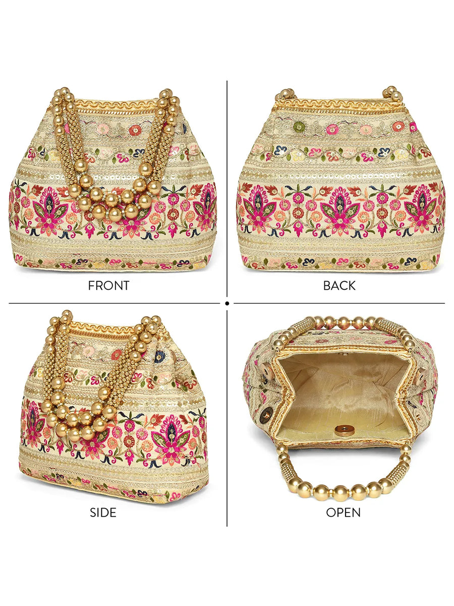Cream potli bag named Thread Embroidery Potli with Sequin Motif, featuring artificial beads detailing and soft fabric texture | Peora
